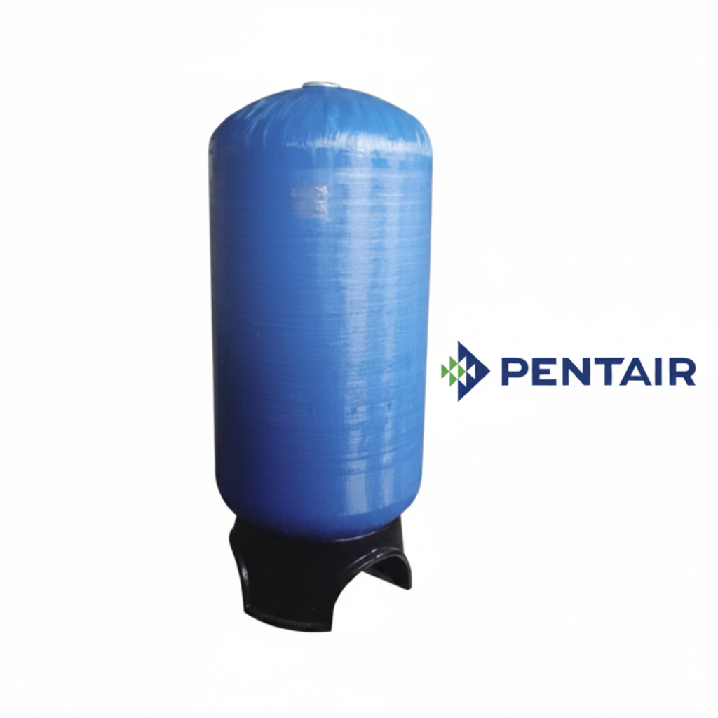 Blue cylindrical FRP vessel with top and bottom openings, branded with the Pentair logo.