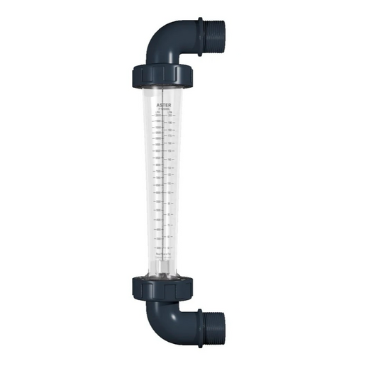 Black plastic elbow fitting with a clear tube on a white background